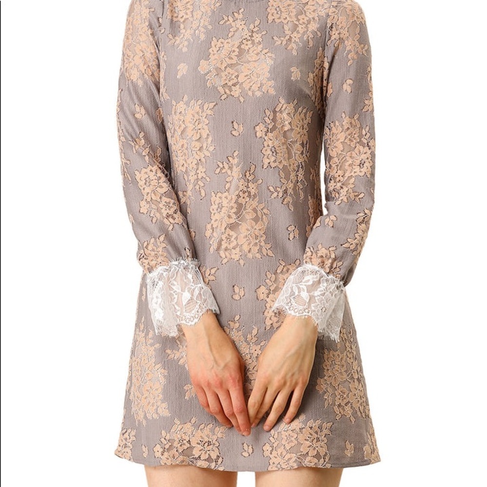 ALLEGRA K RUFFLE CREW NECK CROCHET FLORAL LACE DRESS- MED